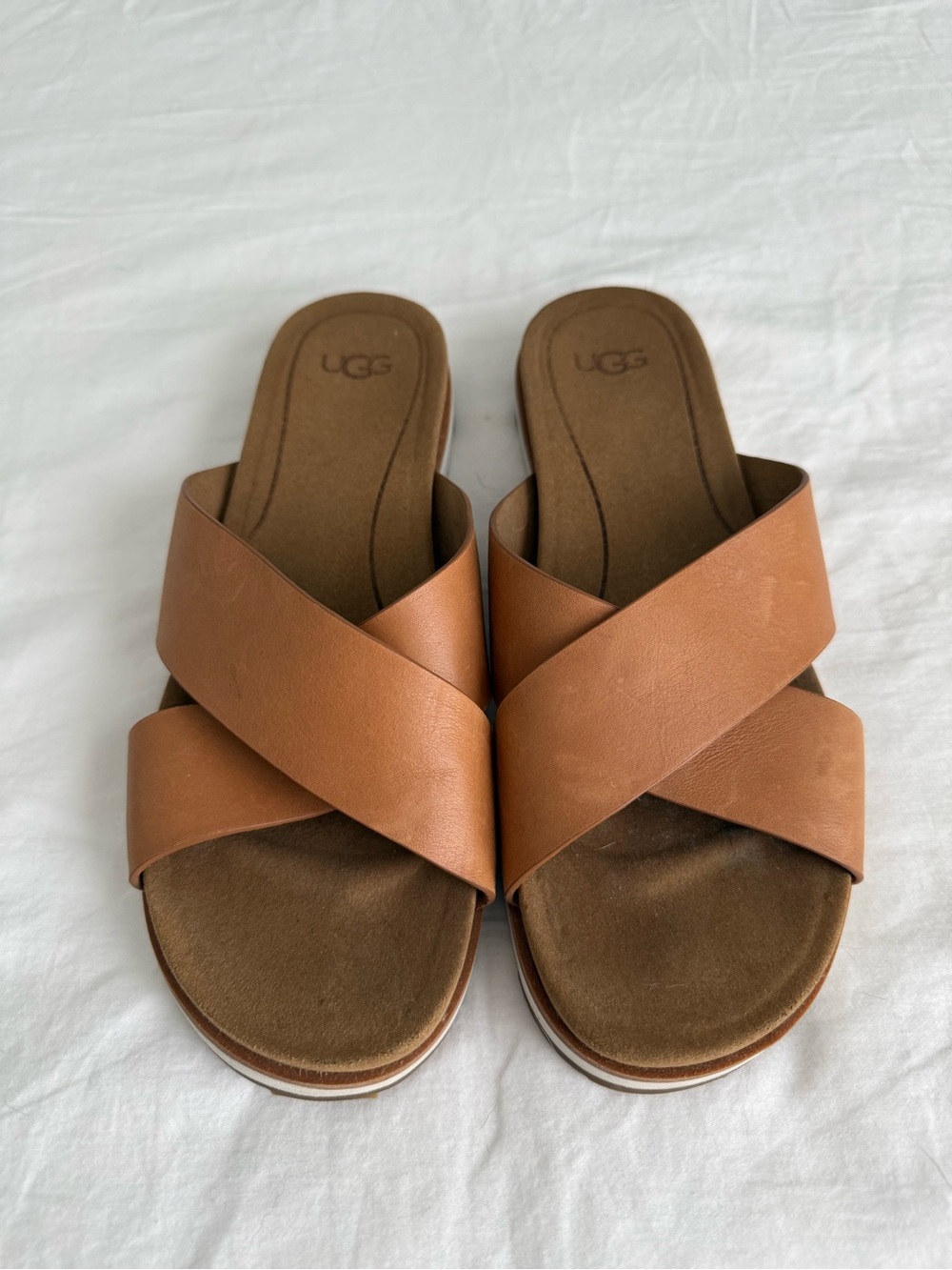 UGG Women's Tan Leather Crisscross Slide Sandals